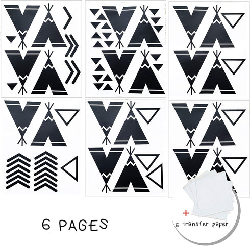 Tents Wall Decals Peel and Stick for Kids, Tribal TeePees Vinyl Stickers for Baby Bedroom Nursery Decor (Black)