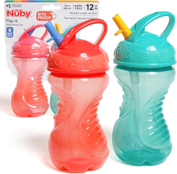Nuby 2-Pack Easy Grip Cups with Easy-Flo Straw, 10 Ounce, Colors May Vary
