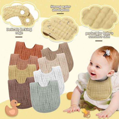 Frienda 8 Pcs Muslin Bibs Baby Cotton Bandana Drool Bibs Bulk for Boys Girls Newborn Infant 6 Absorbent Layers Bibs Feeding Accessory(Warm Colors)