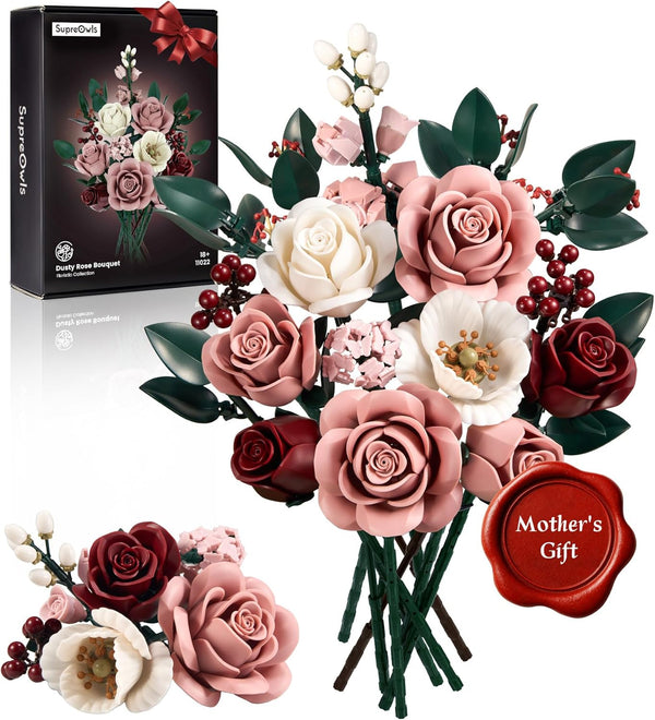 iATOM Pink Roses Flower Bouquet Building Set, Artificial Flowers Botanical Collection Kit for