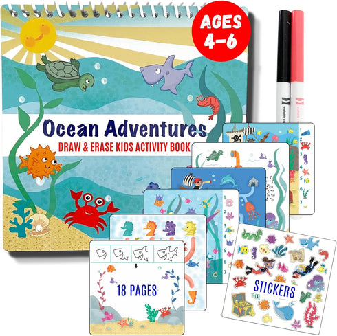Kids Travel Educational Activity Book with Washable Markers, Car and Airplane Activities, Reusable Stickers, Ages 4-6