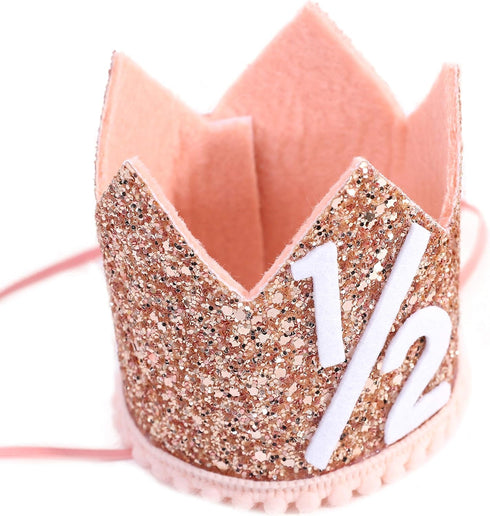 Pink Half Birthday Party Crown - 1/2 Rose Gold Birthday Hat, Happy Birthday Crown for Kids, Party Decorations