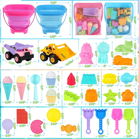 EULRGAUS 36 Beach Toys, PCS Sand Toys with Construction Vehicles, Collapsible Bucket, Princess & Prince and Ice Cream