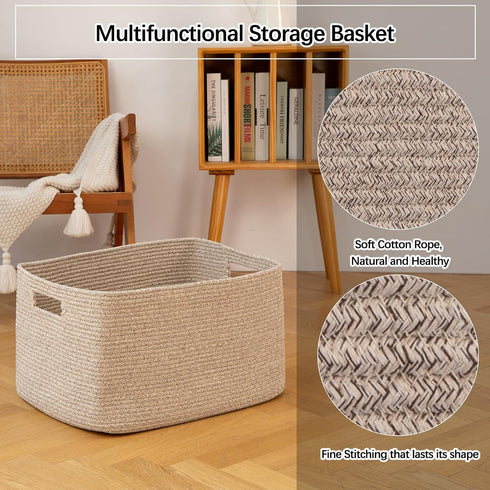 75L 22x17x12 OIAHOMY Large Woven Cotton Rope Storage Basket with Handle for Organizing Blanket and Toys for Living