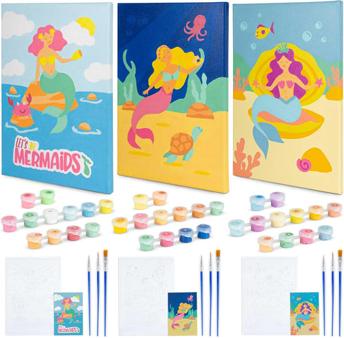 BONNYCO Paint by Numbers Kit for Kids, Mermaid Pack 3 Canvas Paint by Number Canvas Framed Gifts for Girls, Arts and