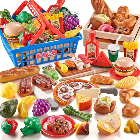 Play Food Sets for Kids Kitchen, Global Cuisine Toddler Cutting Fake Food