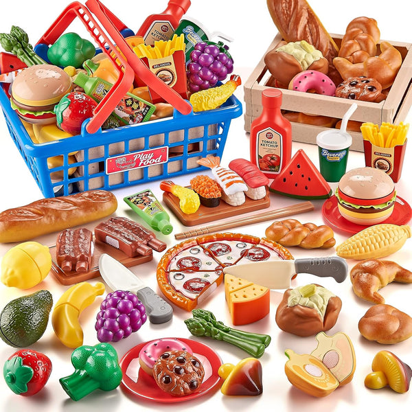 Play Food Sets for Kids Kitchen, Global Cuisine Toddler Cutting Fake Food