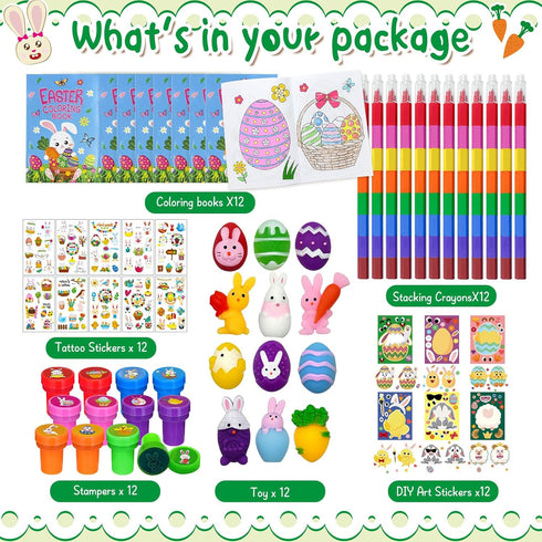 72 Set Cinrobiye Pcs Easter Party Favors Easter Basket Stuffers with Coloring Books Stacking Crayons Tattoos Stampers