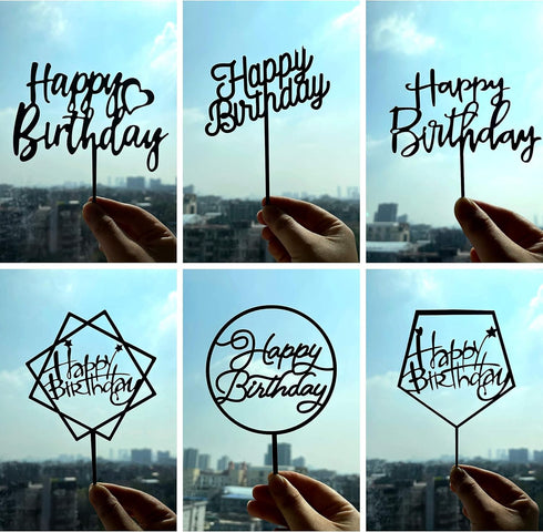 6-Pack Black Birthday Cake Topper Set, Double-Sided Shiny Acrylic Happy Birthday Sign for Party Decorations