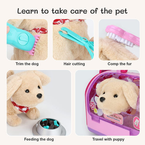 Sotodik Set Set-Walking Pet Care Play Electric Vet Play ,Barking,Tail Wagging Little Plush Dog Grooming Toys with Puppy