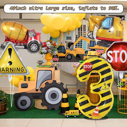 JUANBUDONG Set,Yellow 3 Balloons,3rd Construction Theme Balloons and Black Striped Construction Foil Number