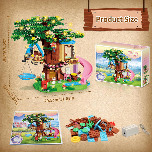 Set 731PCS Hammock, 6-12 Treehouse Building Compatible with Friends, Girls Forest Tree House Building Kit Toys with LED