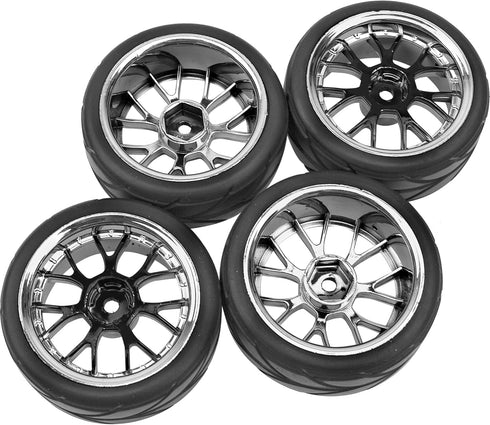 4Pcs HIRCQOO OD 2.55" 1/10 On Road Rubber Tires & 12mm Hex Hub Plastic Wheel Rims Compatible with Traxxas HSP Tamiya HPI Kyosho Redcat 1/10 On-Road Touring Car