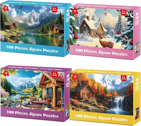 BraniacBits 4-Packs 100 Piece Puzzles - Four Seasons Scenery Large Piece Puzzles for