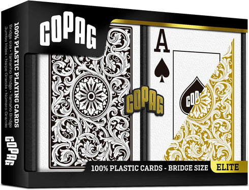 Copag 1546 Design 100% Plastic Playing Cards, Bridge Size (Narrow) Black/Gold (Jumbo Index, 1 Set)