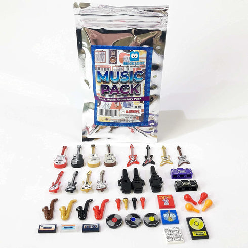 BrickLoot Toy Building Block Accessory Music Pack, 38 Pieces, For Adults & Kids Age 6+, Fits LEGO Minifigures, 100% Compatible with Major Brands, Acoustic & Electric Guitars, Saxophones, Albums, Mics