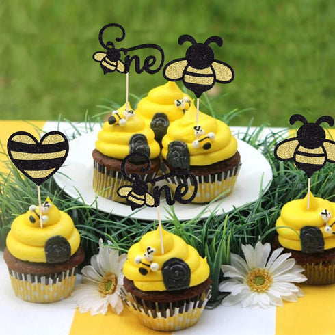 Gyufise 24Pcs Bumble Bee Cupcake Toppers, Heart Bumble Bee Cake Decorations for 1st Birthday Baby Shower Party Supplies