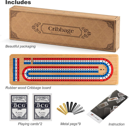 Set 3 9 2 Cribbage Board Game with Large Storage Area, Solid Wood Track Cribbage Board, Metal Pegs, Playing Cards