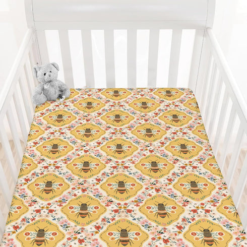 Cstdyfrv 28"x52" Vintage Bees Boho Floral Baby Crib Sheets Yellow Bees Flowers Spring Baby Sheet Nature Garden Fitted