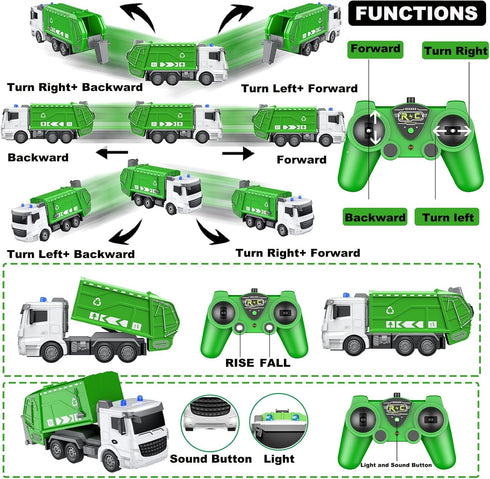 2.4Ghz Remote Control Garbage Truck Toys, 1/24 RC Garbage Truck with 4 Trash Cans, 6 Channel Waste Management, 100pcs