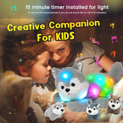 Hopearl LED Musical Stuffed Husky - Singing Plush Toy Playset with 3 Baby Puppies, 17''