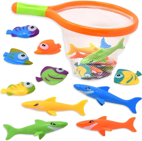 Bath Toy Fishing Net for Kids | Dive Game with 4 Sharks & 6 Multicolored Sinking Fish