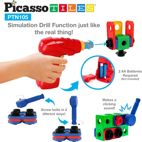 Picasso Toys STEM Learning Toys 105 Piece Building Block Set, Kids Construction Engineering Kit with IdeaBook