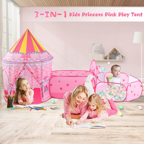 3pc Princess Fairy Tale Kids Play Tent, Cube Crawl Tunnel, Ball Pit for Toddlers Indoor Outdoor Playhouse