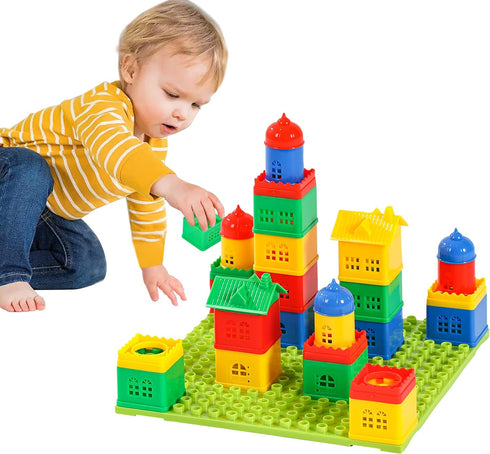 Toddler Building Blocks Stacking Toys for Kids Ages 4-8, Fun House Big Blocks with 10” x 10” Baseplate