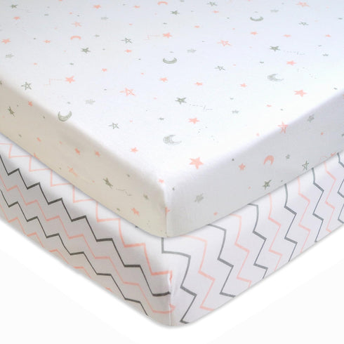 American Baby Company 2 Pack 100% Natural Cotton Fitted Pack and Play Sheets, 39" x 27", Pink Stars/Zigzag