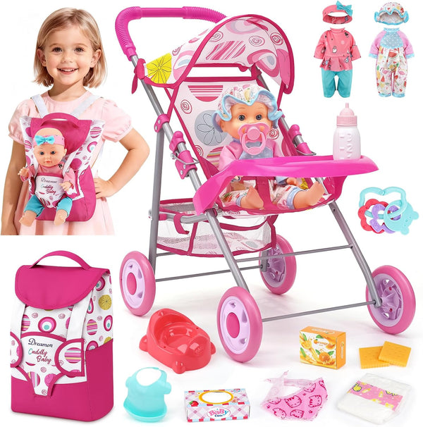 Baby Doll Stroller Set with 12.5" Doll, Baby Dining Table, Backpack with