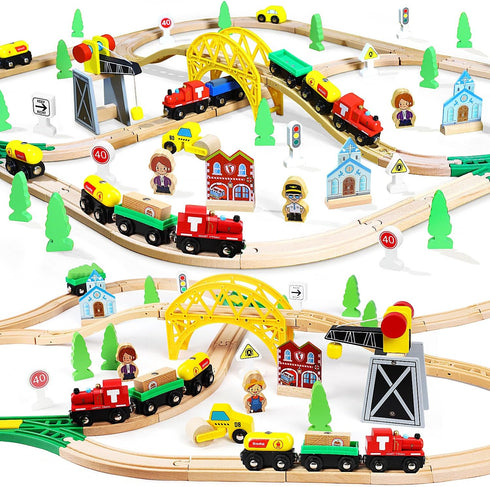 TOY Life Train Set 60pcs Wooden Train Set with Crane, Tracks for Toddlers 3-5, Fits Thomas Brio Melissa