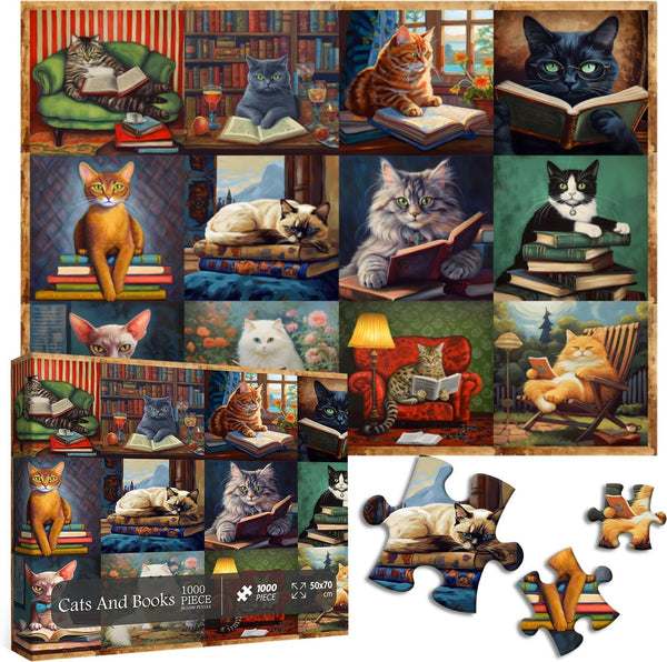 PICKFORU Vintage Cat Puzzles for Adults 1000 Pieces, Funny Cat Books Collection Retro Animal Puzzle