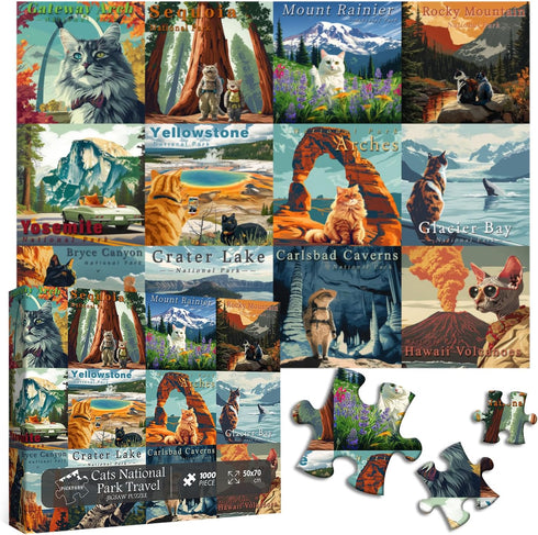 Cat Puzzles for Adults 1000 Pieces and up, National Parks Puzzle Series Kitty Travels Yellowstone Glacier