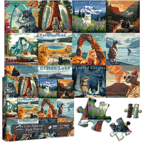 Cat Puzzles for Adults 1000 Pieces and up, National Parks Puzzle Series Kitty Travels Yellowstone Glacier
