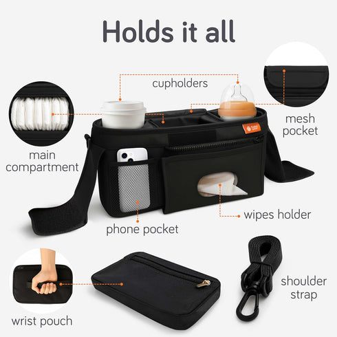 (x2), Baby Uma Universal Stroller Organizer Bag - Stroller Caddy Organizer with XL Insulated Cup Holder Phone Holder