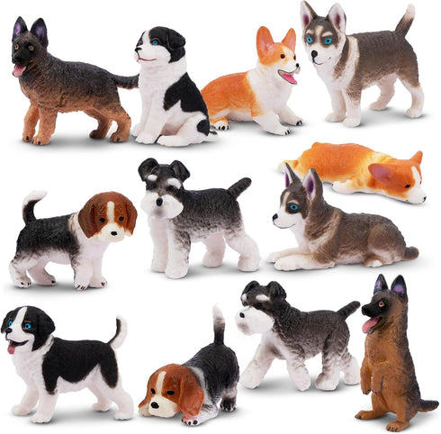 12PCS Dog Figurines Playset, Realistic Detailed Plastic Puppy Figures, Hand Painted Mini Dog Figures Toy Set