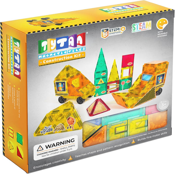 Tytan Tiles 60-Piece Construction Site & Trucks Magnetic Building Set, Fun Kids’ STEM Toy