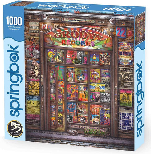 Springbok Groovy Records 1000 piece Jigsaw Puzzle for Adults features a colorful illustration of a classic record store