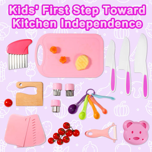 19-Piece Kids Cooking Tools Set, Real Toddler Knife Set for Montessori Cooking, Safe Knives, Crinkle Cutter