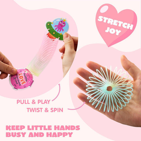 28 Packs JOYIN Valentines Day UFO Alien Cards with Colored Springs, Stress Relief Fidget Coil Springs Toys