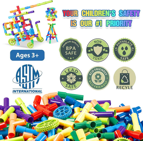 250PCS Pipe Tube Learning Toy for Toddlers, Educational STEM Bins for Classroom Preschool Building Toys, Montessori