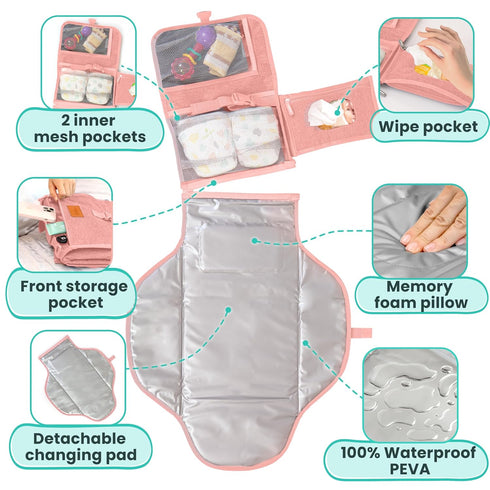 Portable Changing Pad for Baby - Travel Diaper Changing Mat, Large Waterproof, Foldable & Detachable with Wipes Pockets
