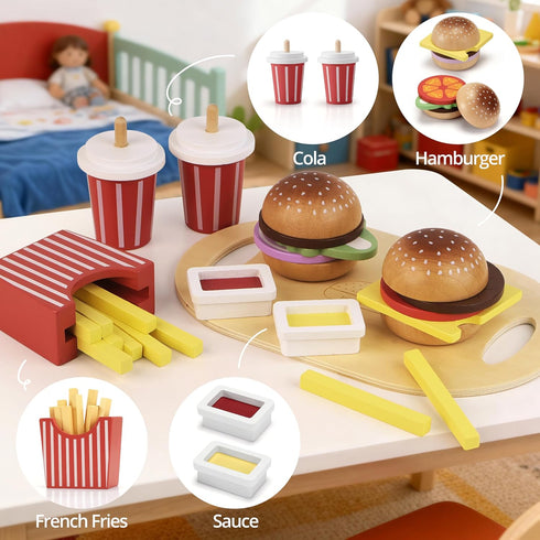 Set 26 3+, 3-8 Pillowhale Wooden Play Food for Kids - Pcs Hamburger Pretend Play Food with Fries & Drinks, Montessori