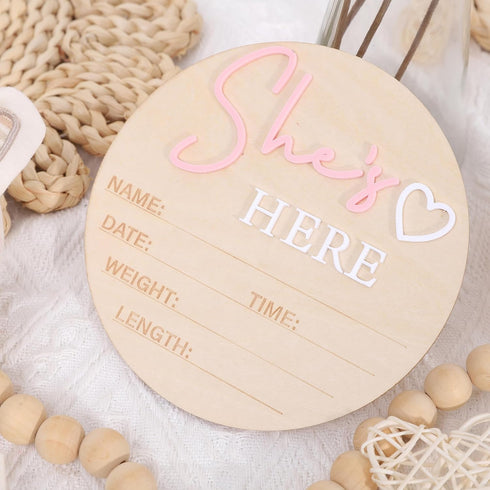 RSOLIET She's Here or He's Here Wooden Sign - Gender Reveal Wooden Sign, Acrylic Gender Announcement, Hospital Birth