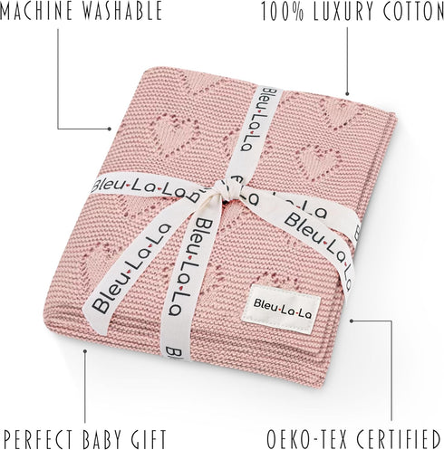 100% Heirloom Knit Heart Swaddling Blanket for Girls - Luxury Cotton Baby Blanket - Soft Warm Swaddle Receiving Crib