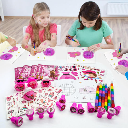 72 Set Cinrobiye Pcs Cowgirl Party Favors, Pink Western Coloring Books with Crayons Tattoos Stickers Stampers Wooden