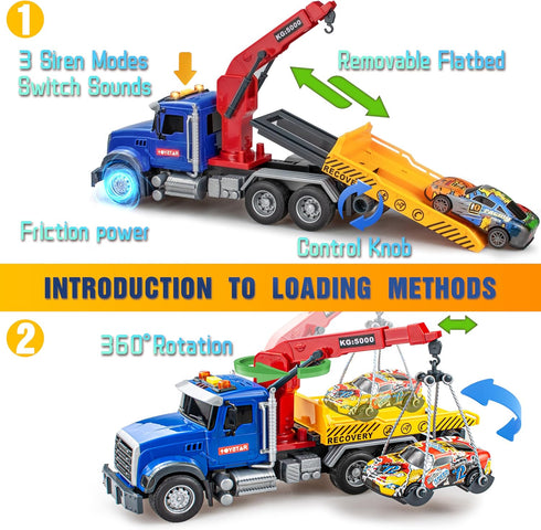 i diy Set 4pcs 3-8 Big Tow Truck Toy With Pull-Back Race Car, Friction Powered Transport Truck, Light & Sounds