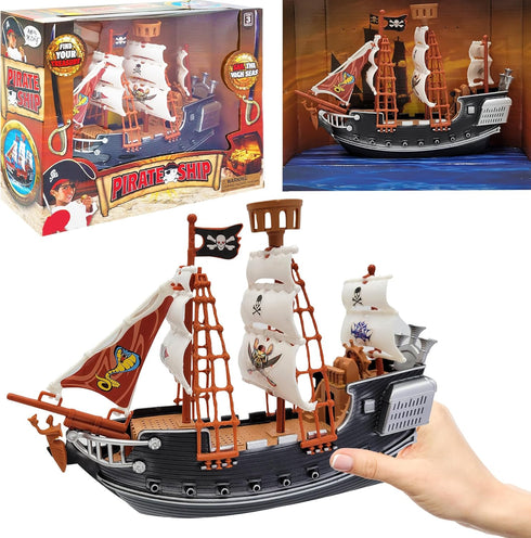 10 inch Playset, 3+ The Dreidel Company Pirate Boat Detailed Pirate Ship Adventure Pirate Toy, Pirate Party Favor