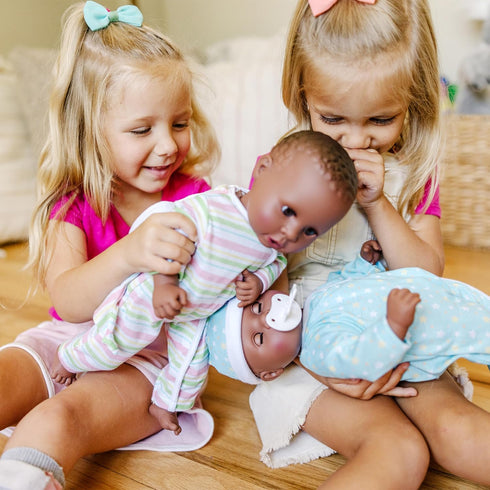 Melissa & Doug Mine to Love Twins Tyler & Taylor 15” Dark Skin-Tone Baby Dolls with Rompers, Caps, Pacifiers